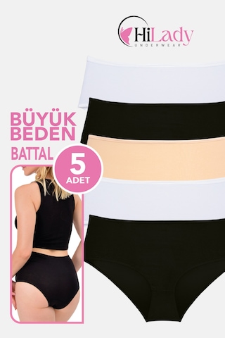Kadın Külot, Orta Yüksek Bel Büyük Beden Külot 4xl-5xl-6xl 5 Adet, Yumuşak Pamuklu Rahat Kumaş Siyah - Beyaz - Ten