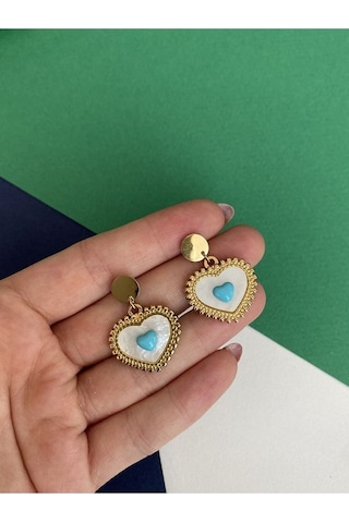 Firuze Taşlı Mineli Kalp Çelik Kararmaz Küpe Çifti Altın