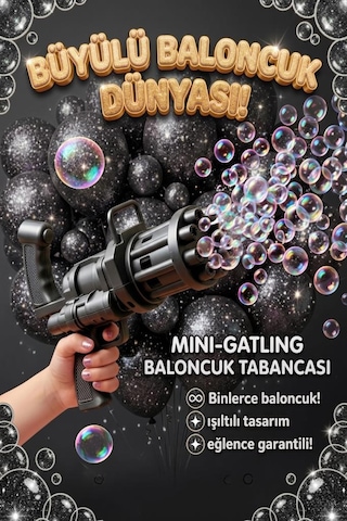 3 Parça Pilli 8 Delikli 19cm Köpük Makinası Ve 2x10ml Baloncuk Sıvılı Eğlenceli Çocuk Oyun Seti Siyah