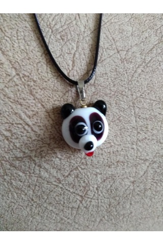 Handmade El Yapimi Murano Cam Kolye-Panda Modeli Gümüş