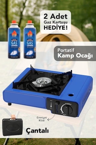 Portatif Kamp Ocağı - Taşıma Çantalı Gazlı Stop Emniyetli Mavi Kamp Ocağı Ve 2 Adet 227 Gr Kartuş Mavi