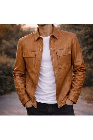 Viamod Leather Erkek Kahvehakiki Deri Gömlek Ceket Çift Cepli Modern Tasarım 19060 Açık Kahverengi