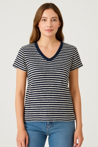 Kadın Lacivert Beyaz Çizgili V Yaka Kısa Kollu Örme T-shirt, Bluz Lacivert