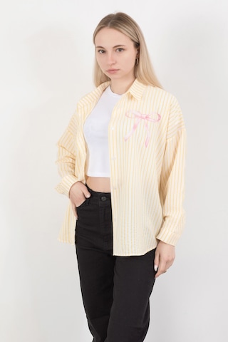 Giysa Kadın Fiyonk Baskılı Oversize Çizgili Gömlek Sarı Beyaz - 71567 Sarı
