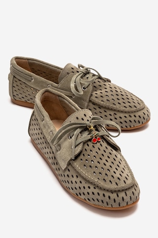 Luvishoes Stevo Yeşil Süet Hakiki Deri Delikli Bağcıklı Kadın Loafer Ayakkabı
