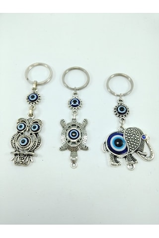 Üçlü Metal Nazar Boncuklu Baykuş/ Kaplumbağa / Fil Anahtarlık Set