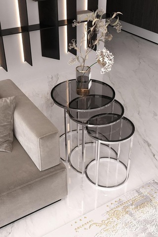 Usta Gümüş Metal Füme Cam 3 Lü Zigon Sehpa Gümüş-füme Çok Renkli