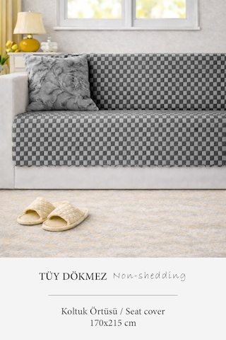 Aron Kürklü Koltuk Örtüsü 170x215 Cm Yumuşak Peluş Lüks Kaymaz Taban Kanepe Örtüsü Gri Antrasit