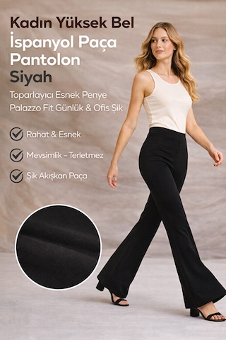 Pantofit Kadın Yüksek Bel İspanyol Paça Pantolon Toparlayıcı Esnek Penye Siyah