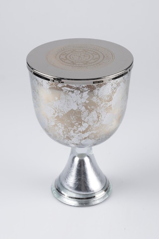 Gümüş Varak Eskitme Ayaklı Cam Mumluk Kokusuz Mum Logo Kapaklı Büyük 24.5x15 Cm