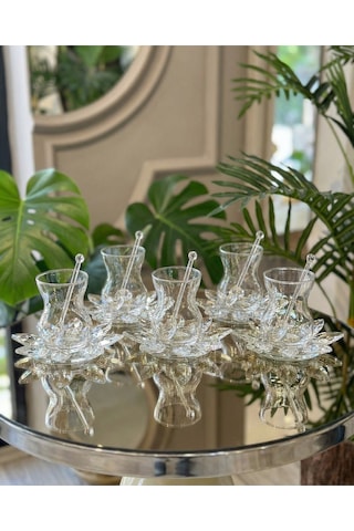 Elta Collection 18 Parça Kristal Çay Seti Kristal Tabak Ve Kaşıklı İnce Belli 6 Kişilik Şık Çay Takımı Seffaf