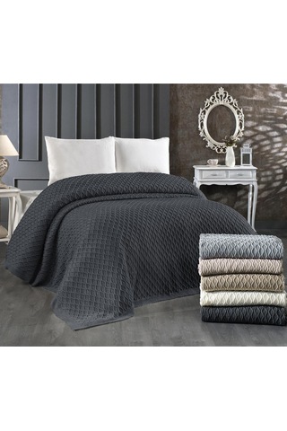 Akrilik Örgü Battaniye Çift Kişilik 220 X 240 Cm Yatak Örtüsü Pike Poly Antrasit