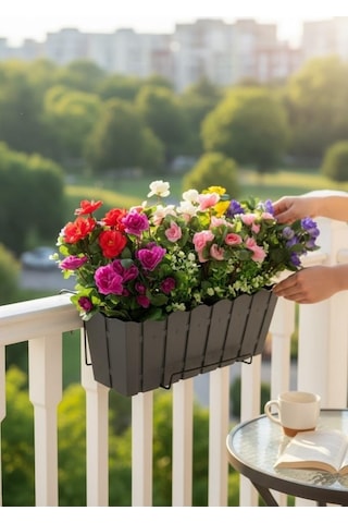 Yapay Çiçek Antrasit Balkon Saksıda Küpeşte Askılı Açelya Çiçeği Karışık Renkli Çiçek Sepeti 50cm Siyah