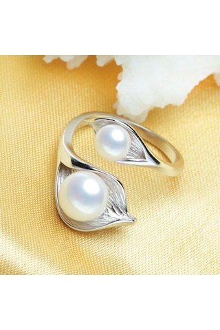 Beyaz Lsooyh Moda Yaprak Tasarım Çift İnci Yüzük Doğal Tatlı Su Inci Yüzükler Kadınlar Için Beyaz