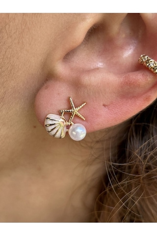 Bymerve Bym531 Çift Midye Model Mini İncili ve Taşlı Kadın Çelik Küpe Gold