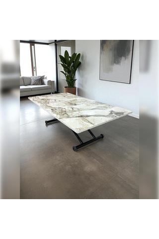 Ortadan Açılır Akıllı Masa Üst Mdf Beyaz Mermer Alt Ayak Siyah