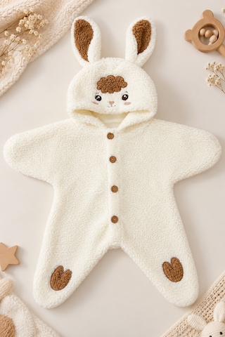 Beniizle 0-6 Ay Kuzu Desenli Peluş Bebek Tulum Kapüşonlu Welsoft Tulum Ekru