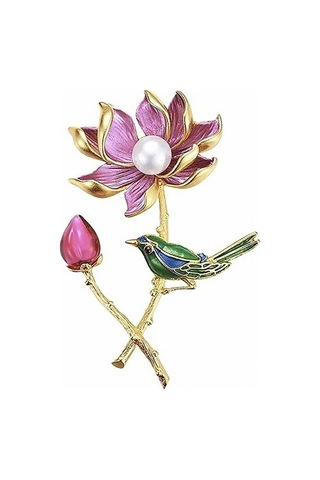 Solfera Pembe Lotus Çiçeği Daldaki Kuş Renkli Metal Broş Rz192