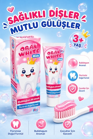 Oral White Kids Çocuk Diş Macunu 3+ Yaş Bubblegum Aromalı Florürsüz Doğal Formül 50 Ml Tam Koruma