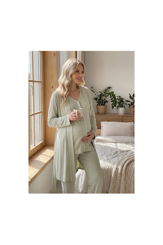 Hafsara Viscoz Yumuşak Dokulu Önden Düğmeli Sabahlıklı Lohusa Pijama Takımı Yeşil