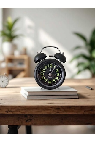 Metal Süper Yüksek Sesli Alarm Saati, Işıklı, Fosforlu, Gece Görünen Kadranlar, Sessiz Saniyeli Siyah