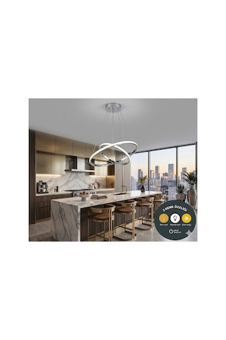 Luxury Krom 2'li Halka Led Sarkıt Avize - 3 Renk Işıklı Modern Salon Mutfak Avizesi