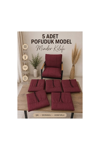 5 Adet , Pofuduk Model , Minder Kılıfı ,koruyucu Kılıf , Bahçe,balkon ,cafe Mobilyası ,çay Seti, 3-1-1 Takıma Uygun , Keten Kumaş Bordo