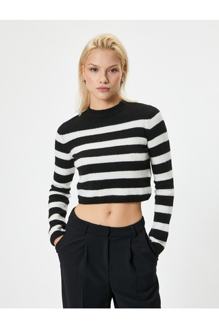 Koton Crop Triko Kazak Hafif Dik Yaka Yumuşak Dokulu Siyah Çizgili 5wak90187ht Siyah