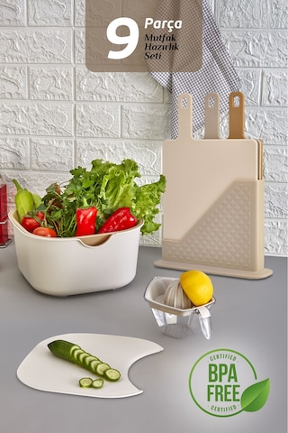 9'lu Mutfak Hazırlık Seti - Standlı Kulplu Kesme Tahtası Karıştırma Kabı Kase Süzgeç Limon Sıkacağı Bej