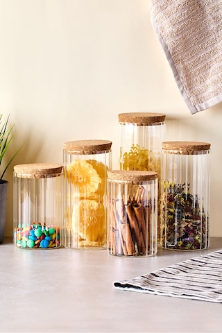 Cork Line 5'li Borosilikat Cam Kavanoz Seti Mantar Kapaklı 600-800-1000 Ml Seffaf Şeffaf