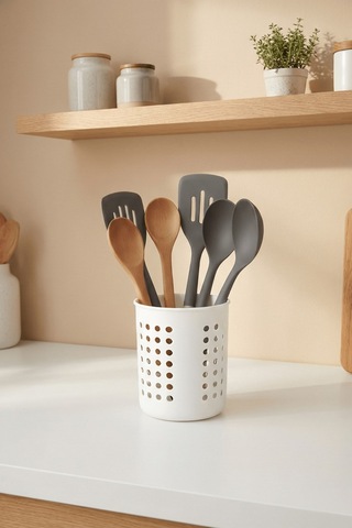 Beyaz - A+ Silindir Kaşıklık Tezgah Üstü Servis Standı, Su Gider Delikli, Plastik Düzenleyici Organizer Beyaz