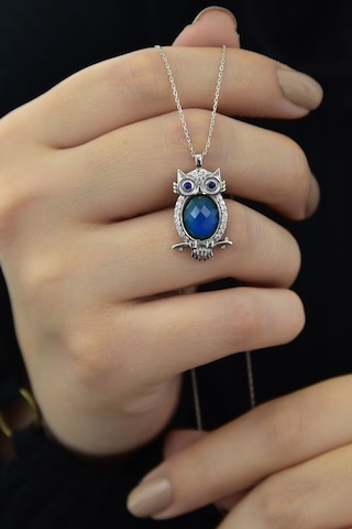 Papatya Silver 925 Ayar Gümüş Rodyum Kaplama Lacivert Göz His Taşı Baykuş Kolye