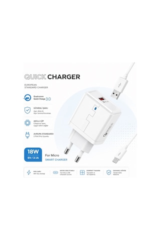 M-09 Smart Charger 18w 5v 3.1a Qualcomm Quick Charge 3.0 Şarj Aleti Usb Girişli Adaptör Mikro Usb Şarj Kablosu