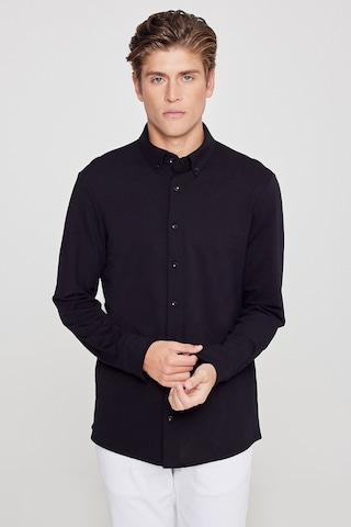 AC&Co / Altınyıldız Classics Erkek Sıyah Pamuklu Tailored Slim Fit Dar Kesim Düğmeli Yaka Örme Gömlek Siyah