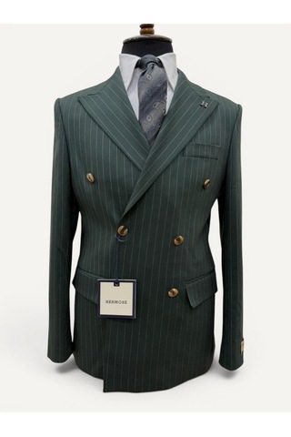 Hermose Sartorial Zümrüt Yeşili Çizgili Kruvaze Takım Elbise Yeşil