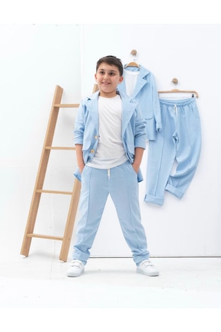 Zelhanjunior Erkek Çocuk Keten Takım Elbise 3 Parça Açık Mavi