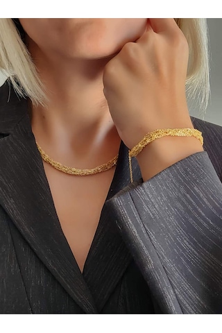 Zırh Örgü Model Çelik Zincir Dokuma Altın Kaplama Kolye Bileklik Set