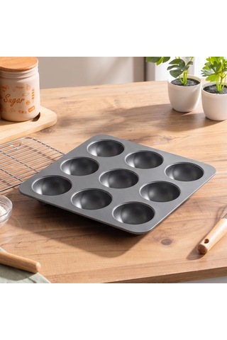 30017 Silikon 9lu Muffin Kalıbı Köstebek Kek Kalıbı Antrasit 24,5cm Çok Renkli