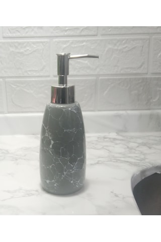 Mermer Desenli Gri Sıvı Sabunluk 8x8x17cm 300ml Banyo Seti