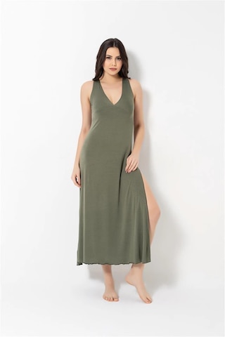 Monamise 18485 Kadın Kalın Askılı Göğüs Ve Sırt Dekoteli Brode Dantelli Yırtmaçlı Gecelik-haki Çok Renkli