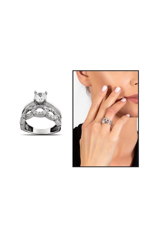 Zirkon Taşlı Zincir Tasarım 925 Ayar Gümüş Kadın Tektaş Yüzük Beyaz