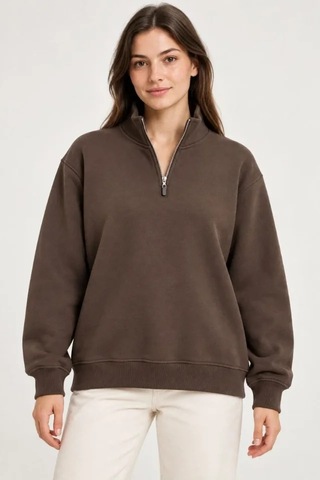 N11 Üç İplik İçi Şardonlu Dik Yaka Yarım Fermuarlı Kışlık Sweatshirt - Kahverengi