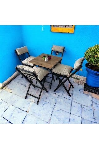 Modern Style Home Minderli Balkon Bahçe Mutfak Bistro Set Katlanır 4+1 Masa-sandalye Krem