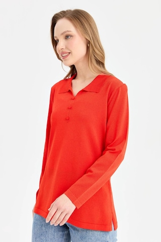 Desen Triko Kadın Polo Yaka İnce Triko Bluz 23355 Mercan MERCAN