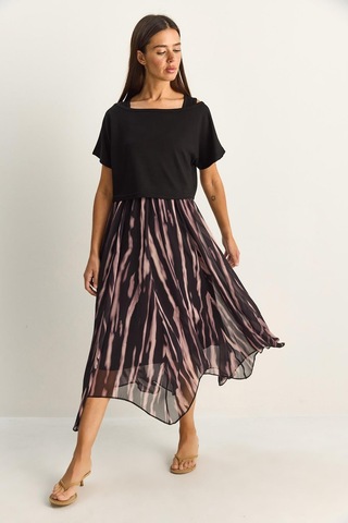 Kadın Crop Tişört Detaylı Astarlı Askılı Şifon Midi Elbise 6135 60286113 - Siyah