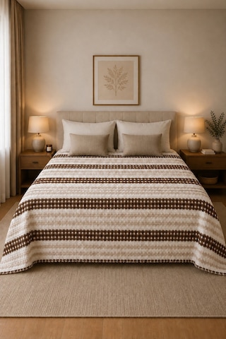 Çift Kişilik Pamuklu Pike 215x240 Cm Püsküllü Dokuma Yatak Örtüsü Geometrik Desen Kahverengi