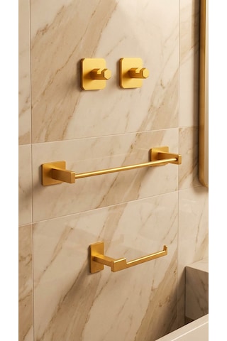 Premium Gold Alüminyum 2 Adet Tekli Havlu Askısı + Tuvalet Kağıtlığı + Havlu Tutucu Yapışkanlı Altın