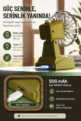 Exenar - Mavi - Şarjlı Masaüstü Mini Vantilatör Retro Tasarım 2 Kademeli Mini Fan 500 Mah Taşınabilir Fan