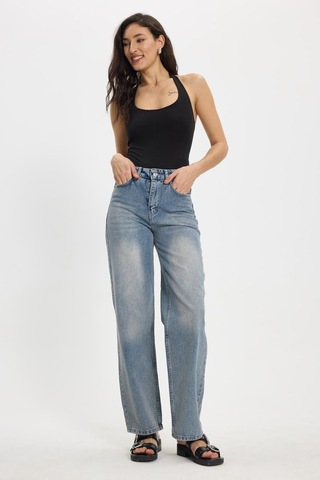 Tudors Kadın Relax Fit Rahat Kesim %100 Pamuk Cepli Geniş Paça Mavi Jean Kot Pantolon-50733