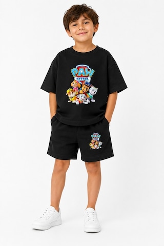 Fasardi Paw Patrol Baskılı Oversize %100 Pamuk Tişört Şort Çocuk 2li Takım Siyah
